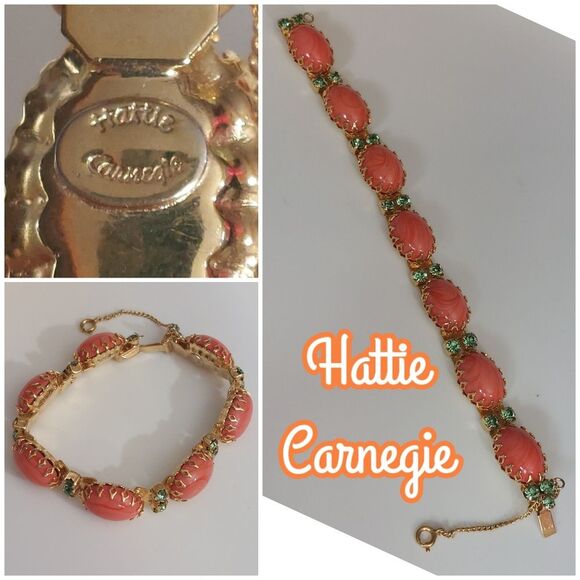 Hattie Carnegie Jewelry - Hattie Carnegie Marbled Lucite Cabochon and Peridot Green Stones Link Bracelet